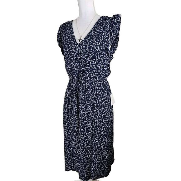 GAP~Woman Size S~Navy Blue Floral Print Flutter Sleeve Midi Dress Lined, Pockets - Picture 1 of 9